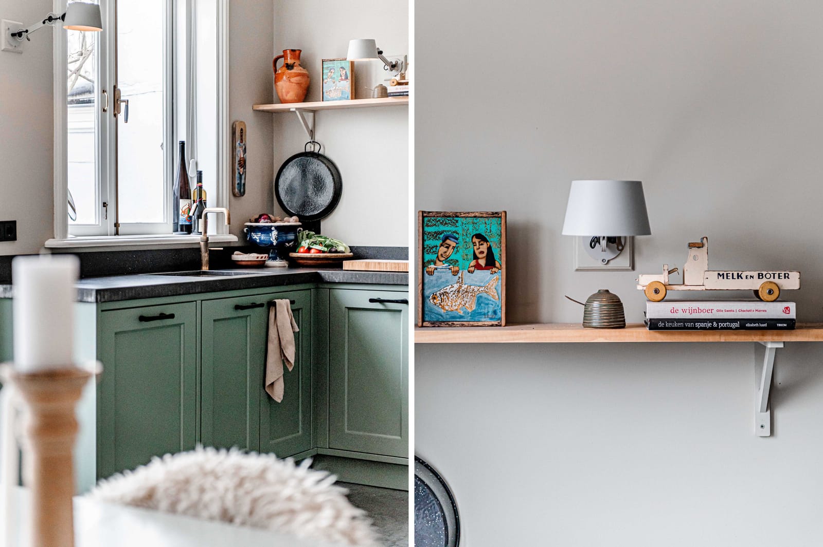 Keuken met groene kasten en een lange houten eettafel ervoor
