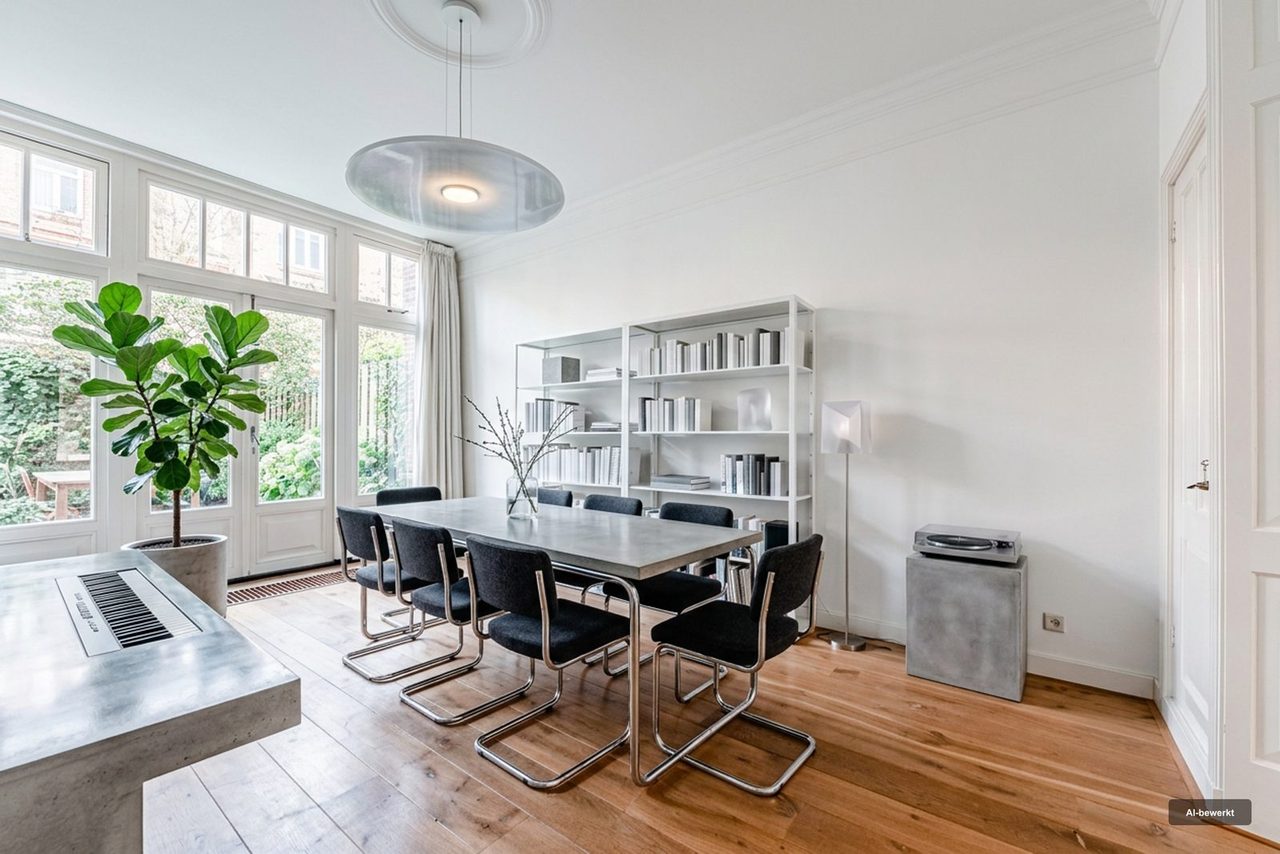 Na: Een eetkamer met de oorspronkelijke inrichting, en dezelfde eetkamer in een andere stijl