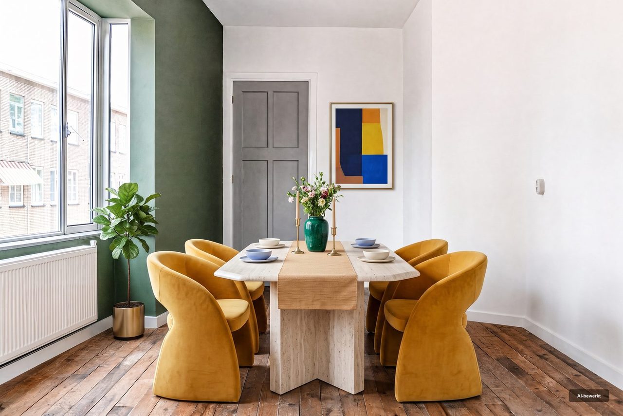 Na: Een eetkamer met de oorspronkelijke inrichting, en dezelfde eetkamer in een andere stijl