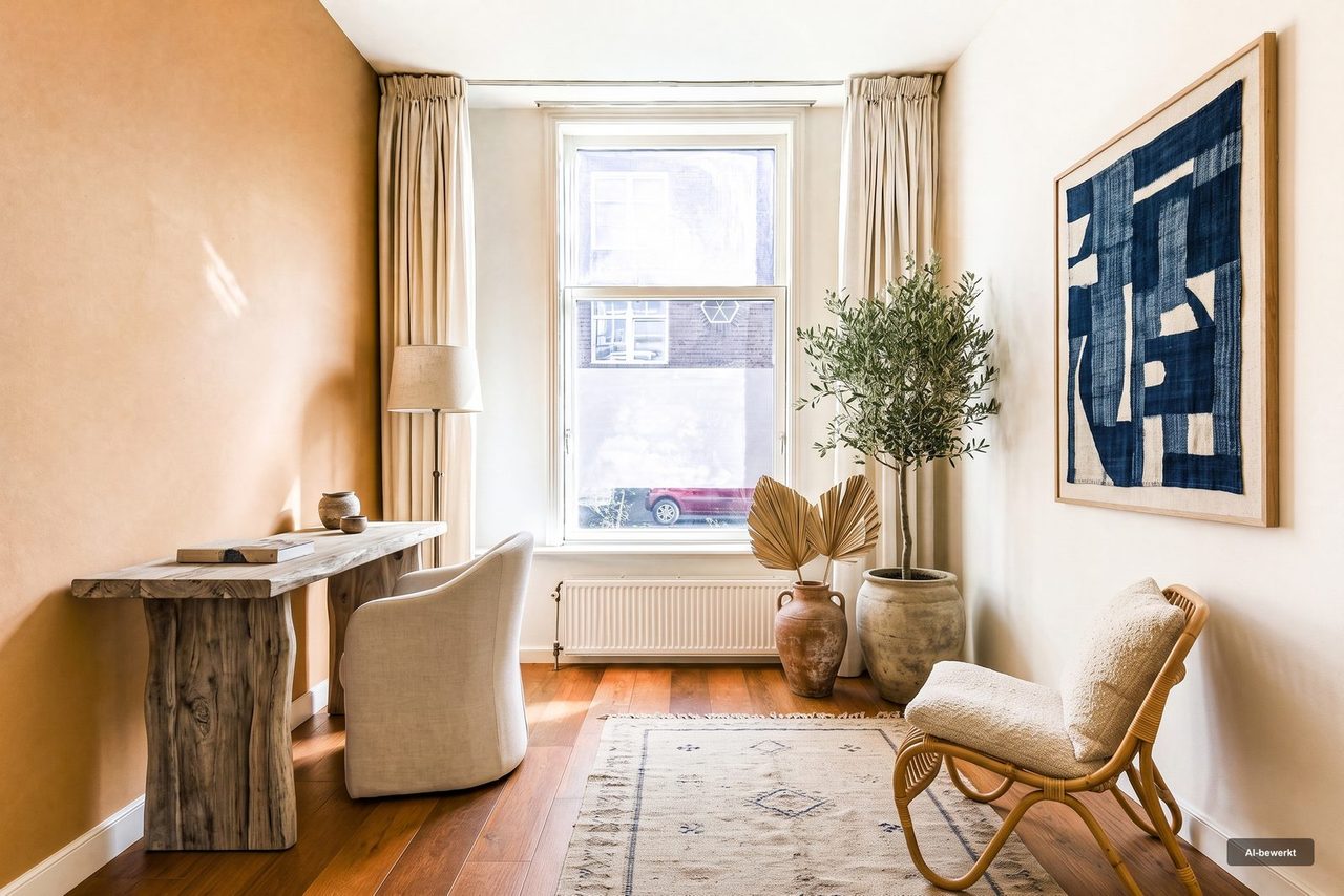 Na: Een werkkamer met de oorspronkelijke inrichting, en dezelfde werkkamer in een andere stijl