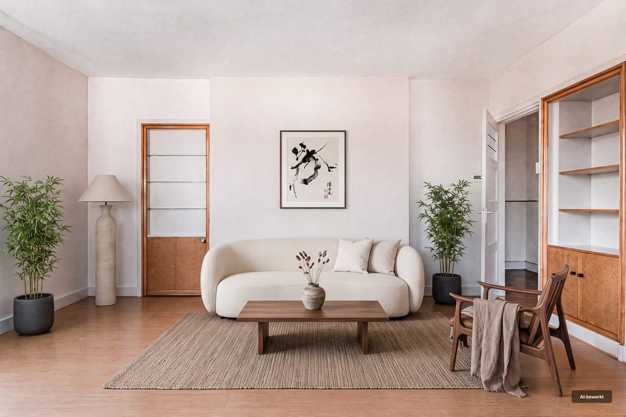 Na: Een woonkamer met de oorspronkelijke inrichting, en dezelfde woonkamer in een andere stijl