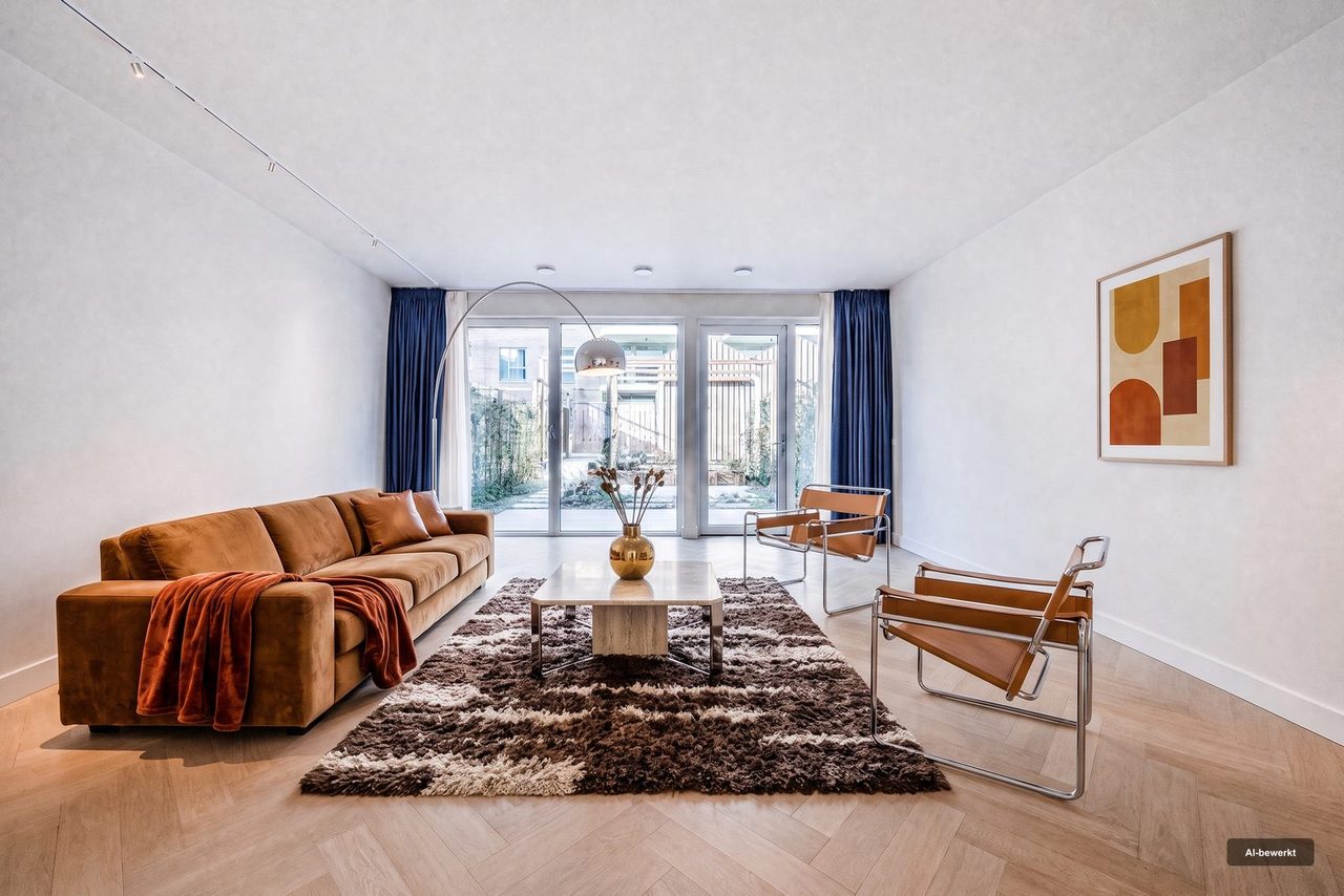 Na: Een woonkamer met de oorspronkelijke inrichting, en dezelfde woonkamer in een andere stijl