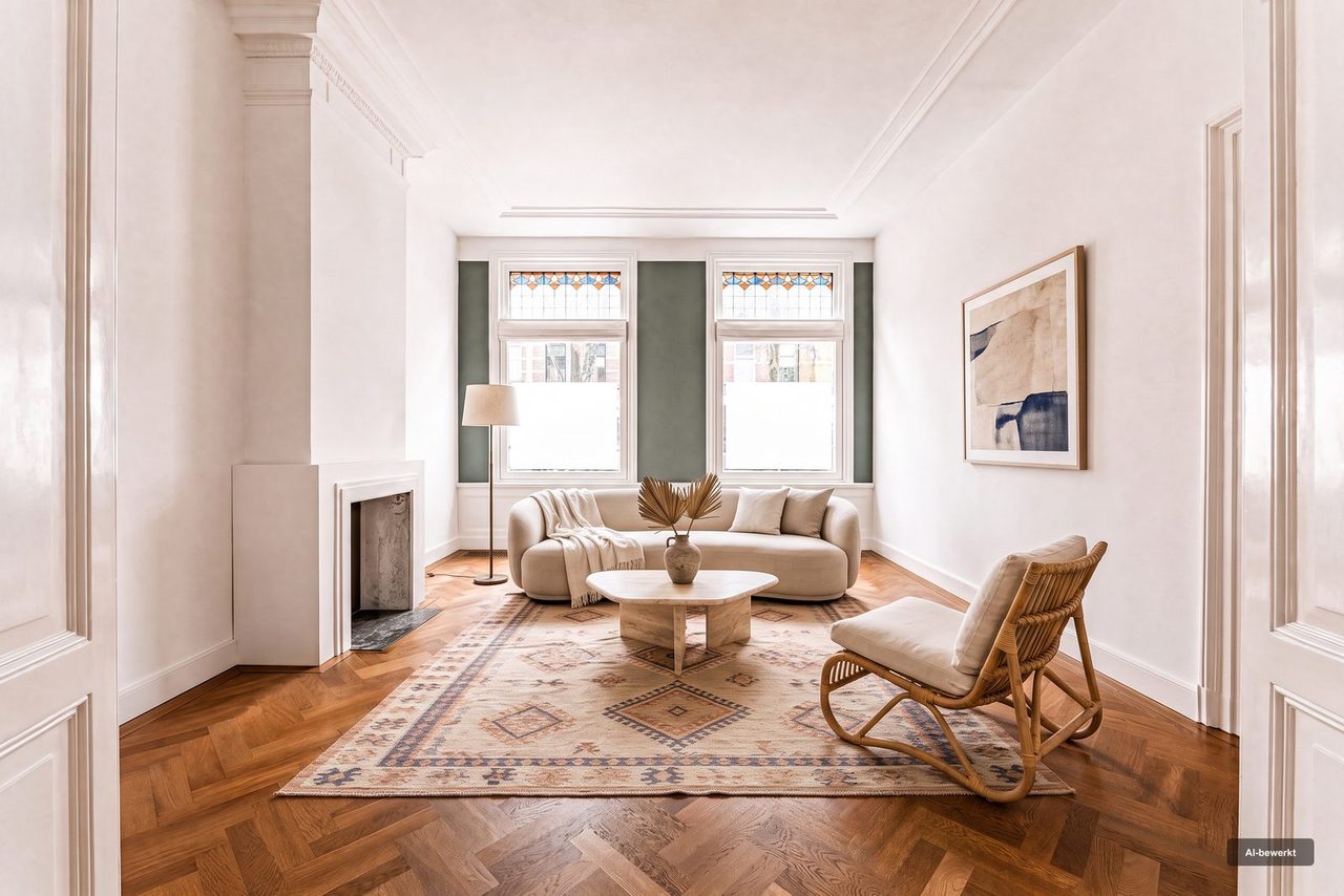 Na: Een woonkamer met de oorspronkelijke inrichting, en dezelfde woonkamer in een andere stijl
