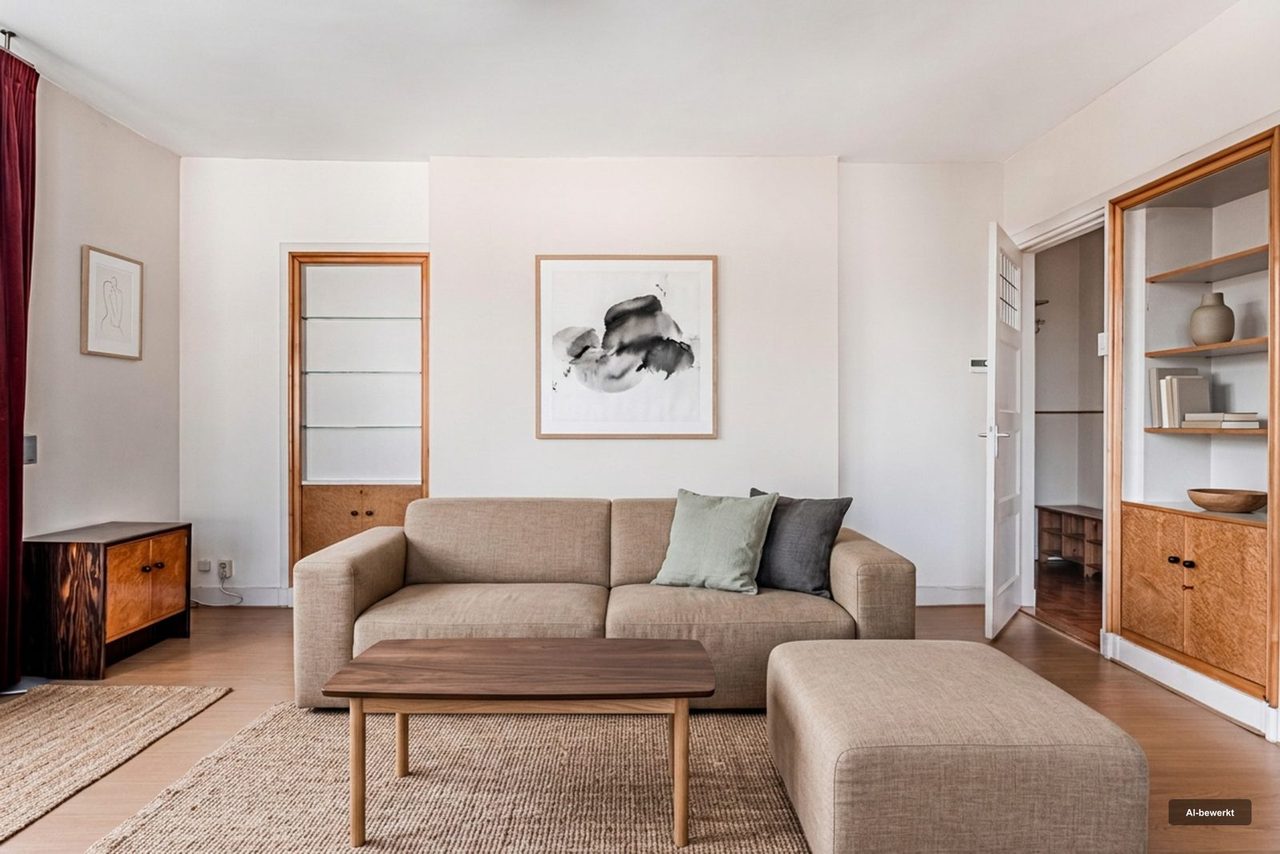 Na: Een woonkamer met de oorspronkelijke inrichting, en dezelfde woonkamer in een andere stijl