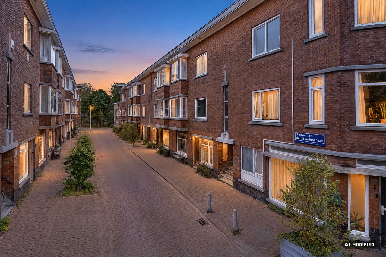 Na: Een woning of straat buiten bij daglicht, en dezelfde buitenruimte na digitale bewerking in de schemering