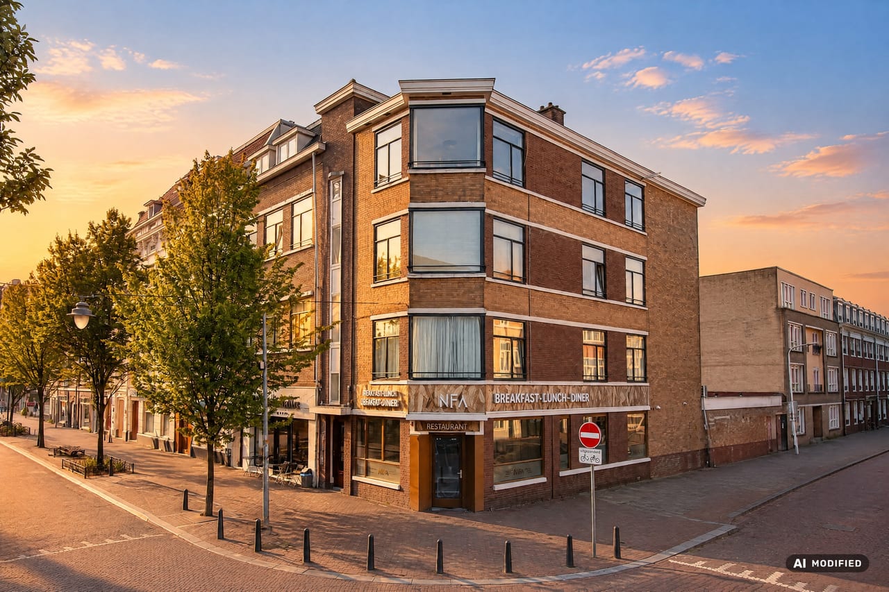 Na: Een huis of straat buiten, en dezelfde buitenfoto na digitale bewerking in het gouden uur